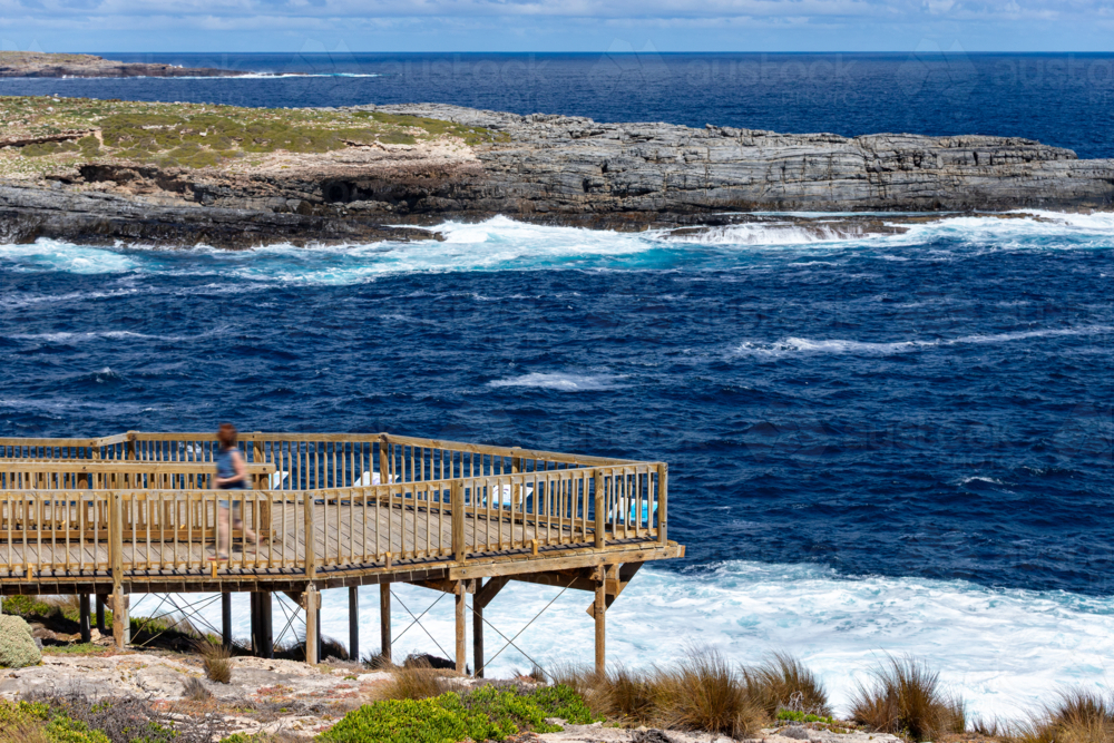 Wooden Viewing Platform lookout at Admirals Arch with Crashing Waves, Kangaroo Island - Australian Stock Image