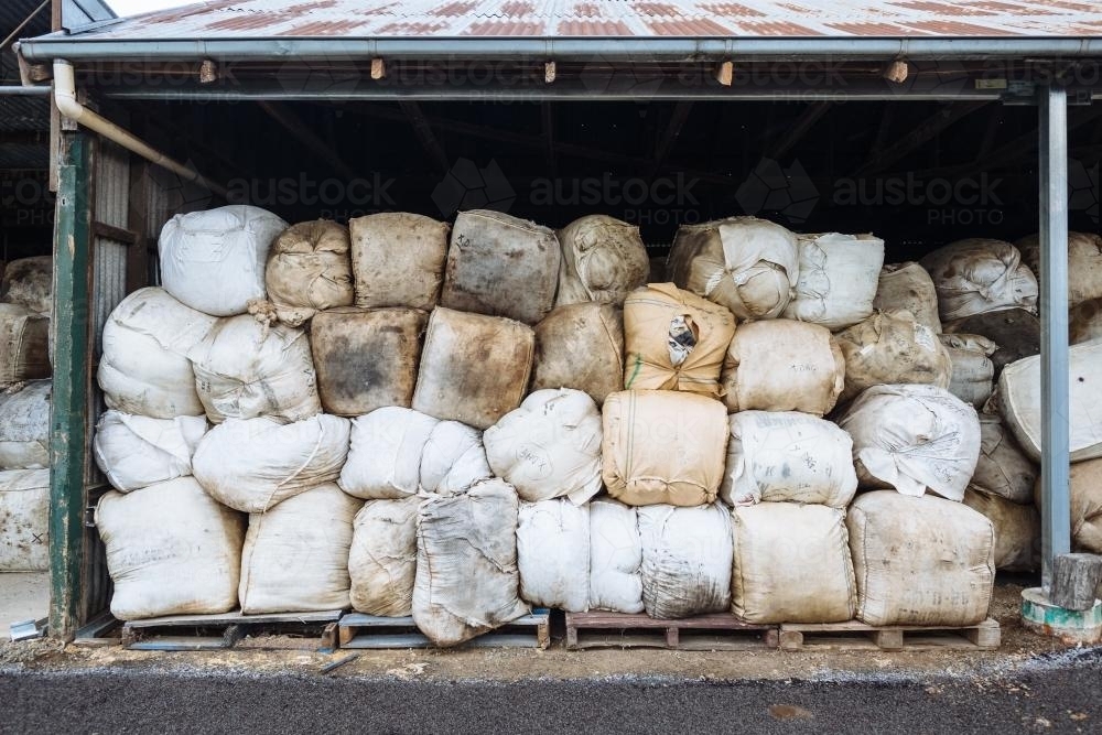 Image of Wool sacks piled up in wool sorting warehouse - Austockphoto