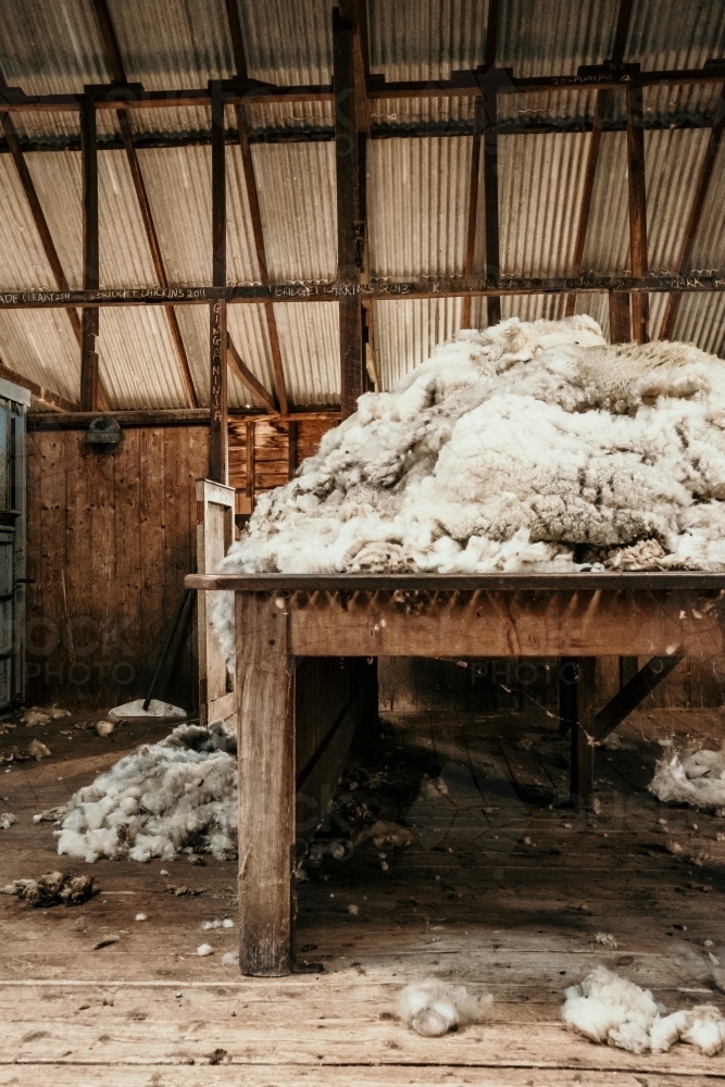Image of Wool sorting table with fleece in a historic wool shed ...