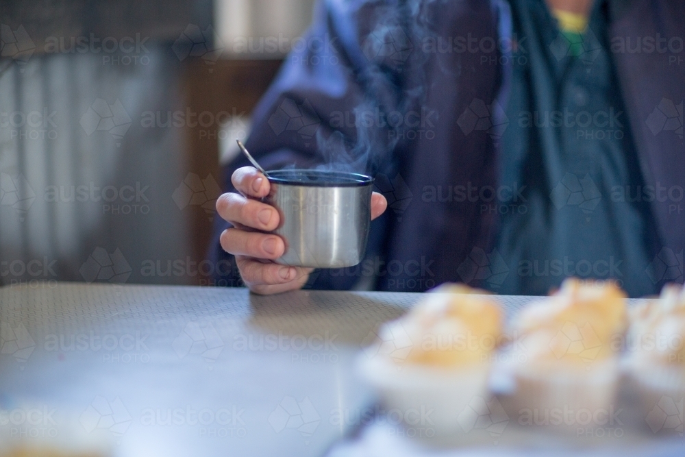 Worker having a cuppa on site - Australian Stock Image