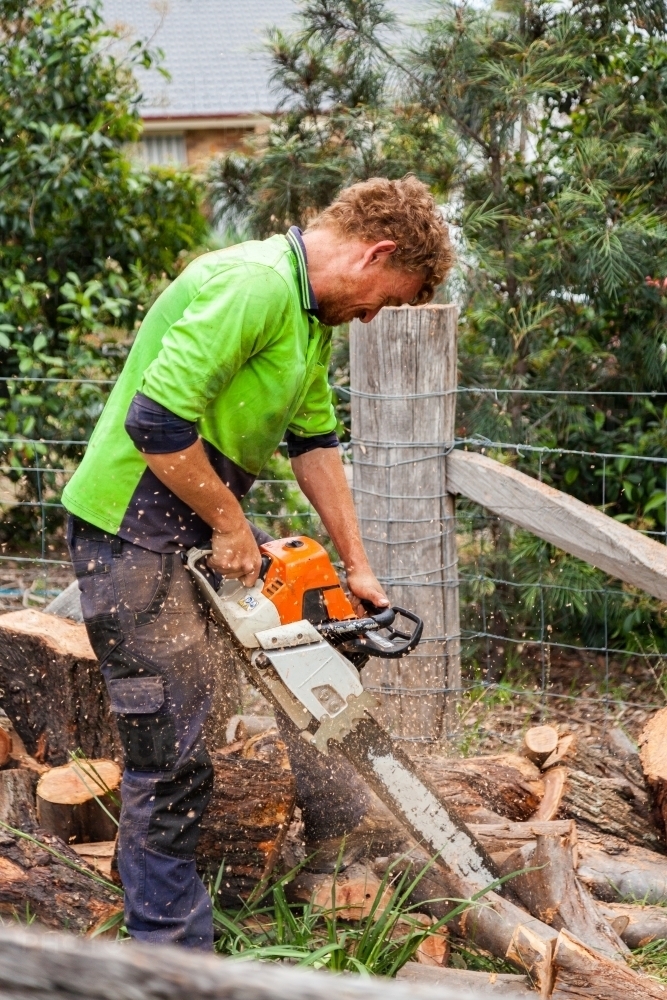Image of Workman using a chainsaw to cut logs into smaller rounds of