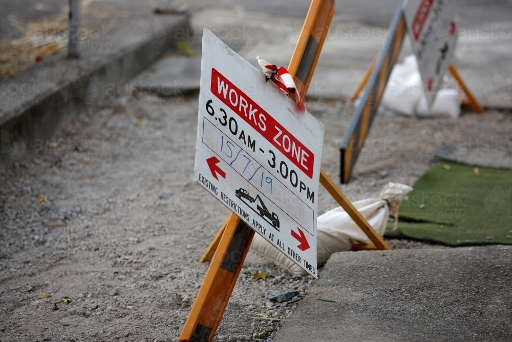 Workzone signage and construction on pavement - Australian Stock Image