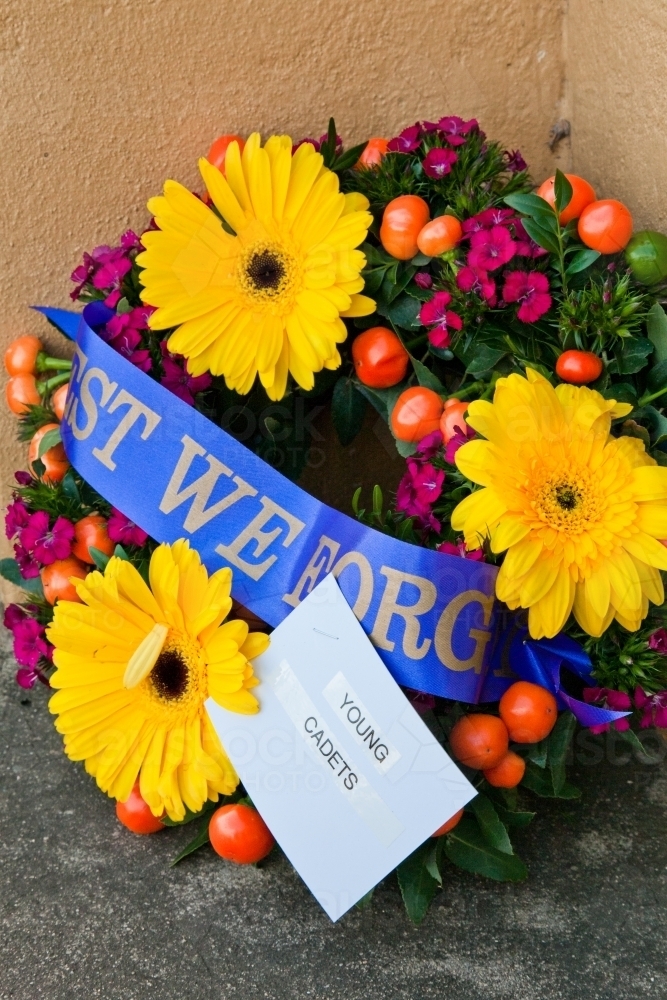 Wreath at a war memorial on anzac day - Australian Stock Image