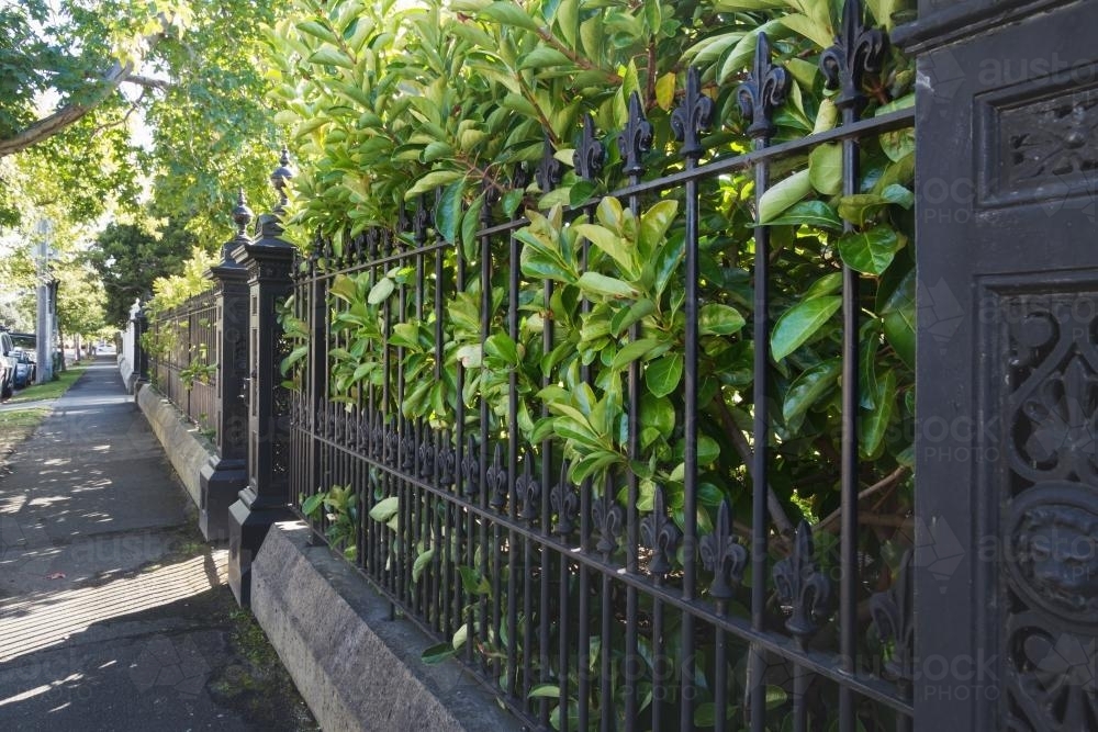 Wrought iron fence and footpath in exclusive Melbourne suburb - Australian Stock Image