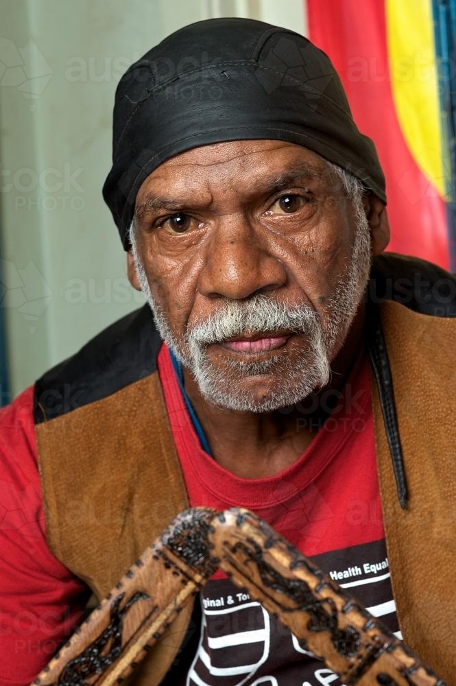 Wurundjeri Elder with Boomerangs - Australian Stock Image