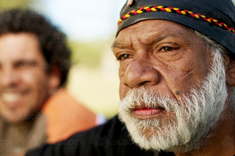 Wurundjeri Elder with Smiling Man in Background - Australian Stock Image