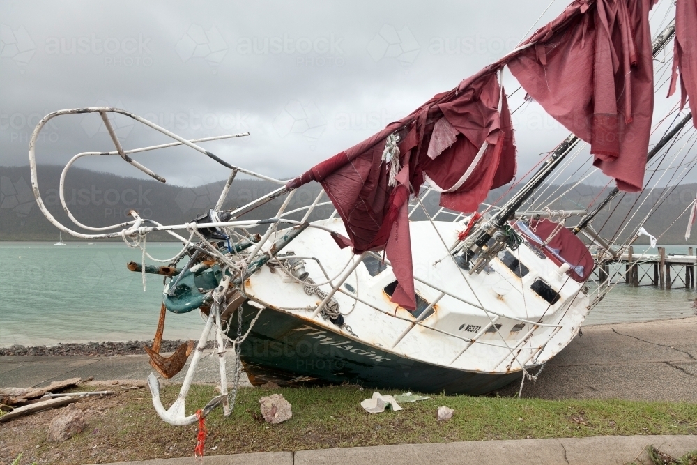 Yacht wrecked during Cyclone Debbie, 2017 - Australian Stock Image