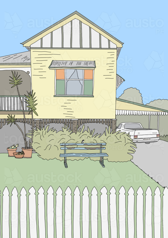 Yellow Queenslander house with pot plants, white Ute, lawn, picket fence and garden seat with bird : Austockphoto Yellow Queenslander house with pot plants, white Ute, lawn, picket fence and garden seat with bird - Australian Stock Image