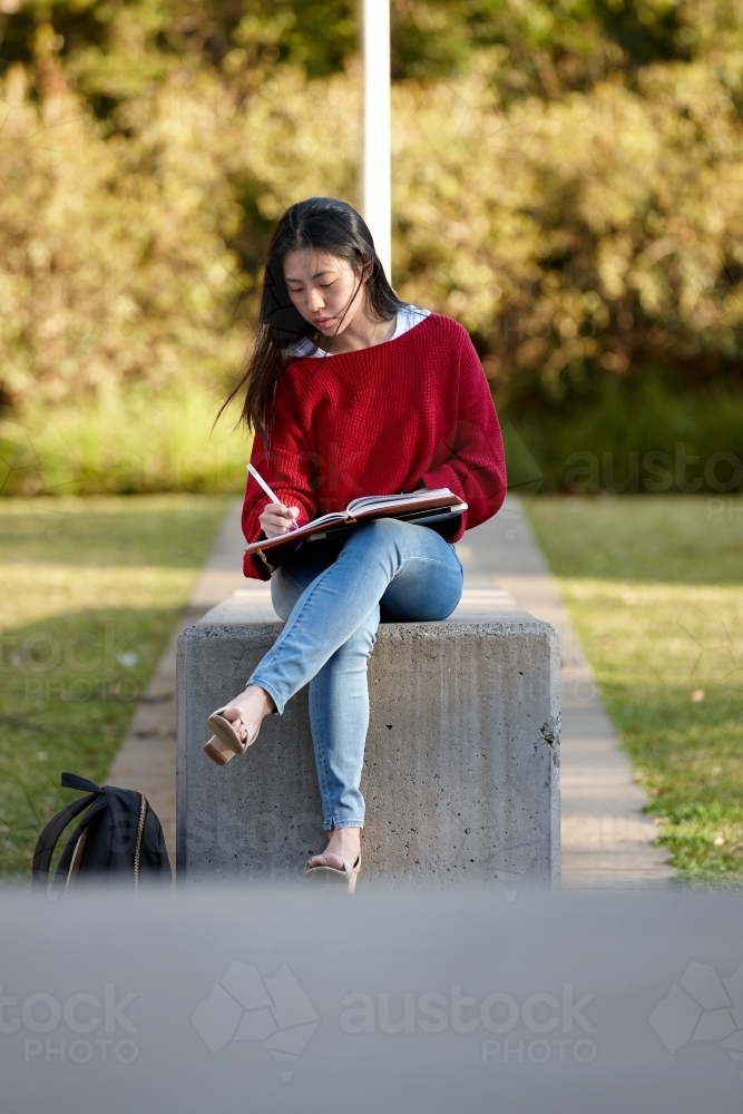 Young Asian female university student studying outdoors - Australian Stock Image