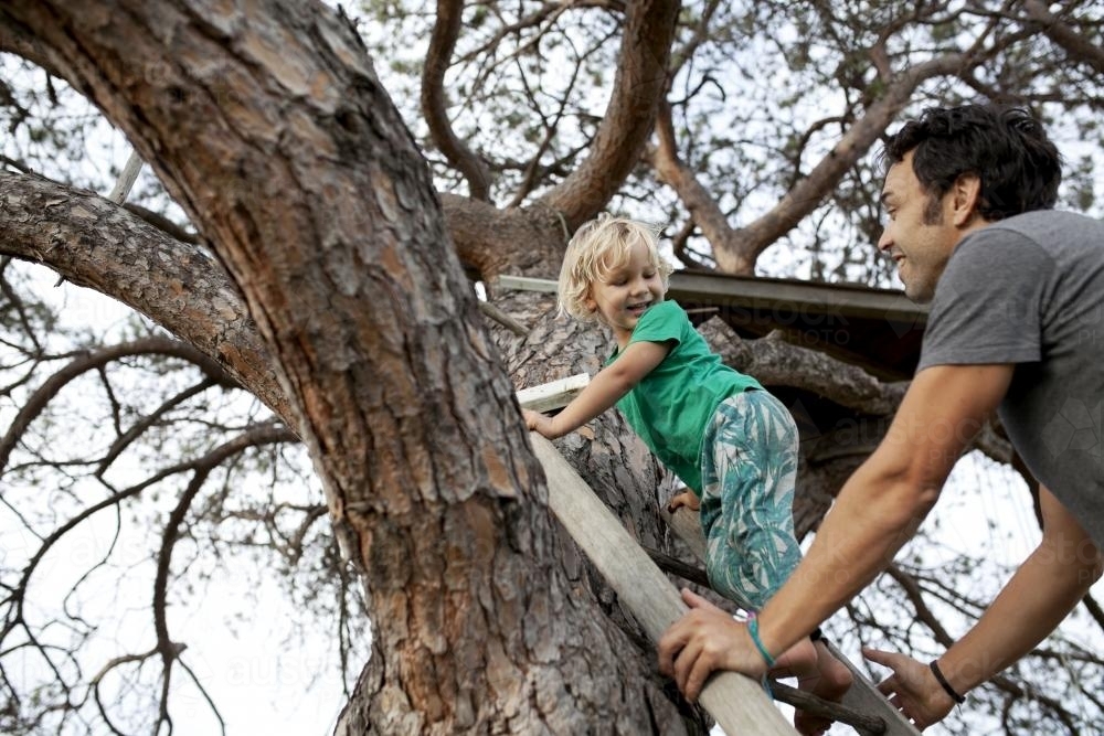 Young boy climbing a ladder up a tree to a treehouse with father - Australian Stock Image