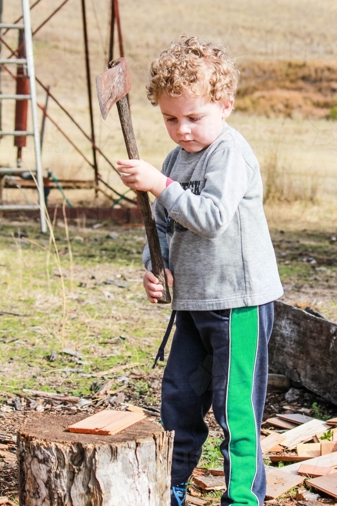 Young boy holding axe chopping wood on farm - Australian Stock Image