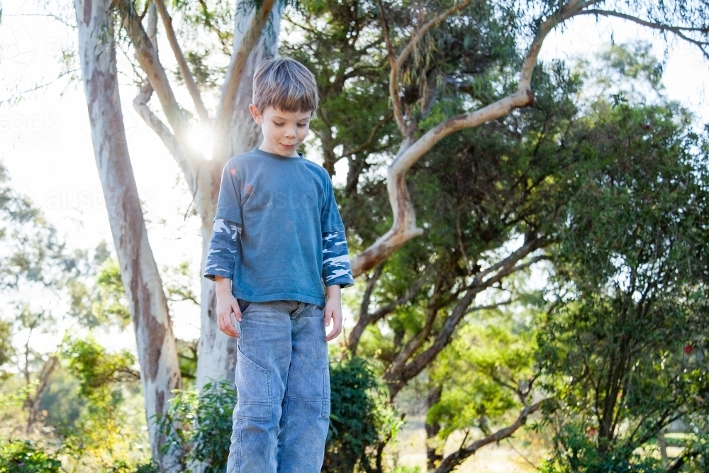 Young boy outside in garden with sun flare looking down - Australian Stock Image