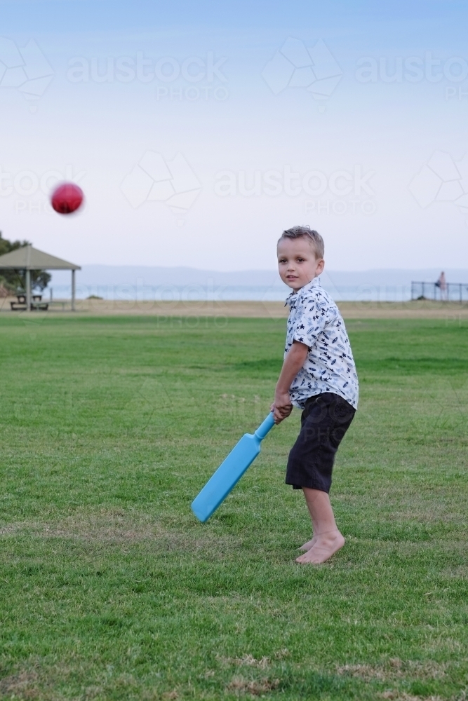 Young boy ready to hit a cricket ball in the park - Australian Stock Image