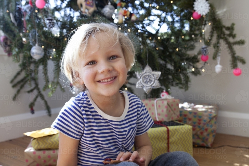 Young boy sitting in front of Christmas tree looking and smiling at camera - Australian Stock Image