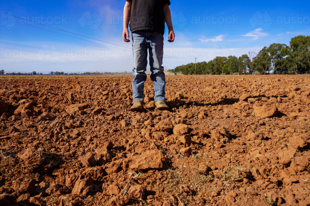 Young boy standing in a freshly harrowed field - Australian Stock Image