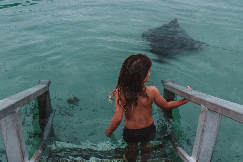 Young boy walking down ocean stairs towards stingray - Australian Stock Image