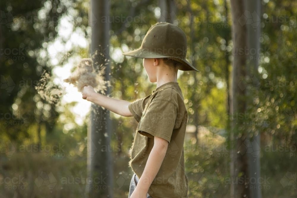 Young boy waving a bulrush seed head in the wind - Australian Stock Image