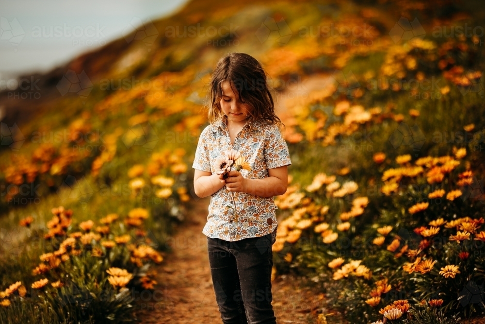 Young boy with long hair standing in a field of flowers - Australian Stock Image