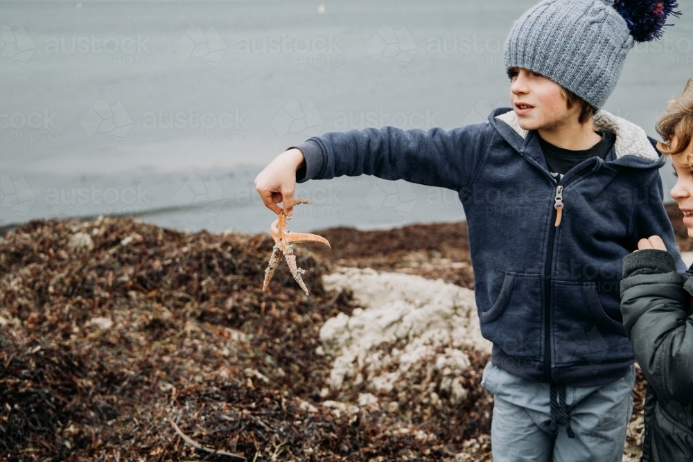Young boys discover Starfish - Australian Stock Image