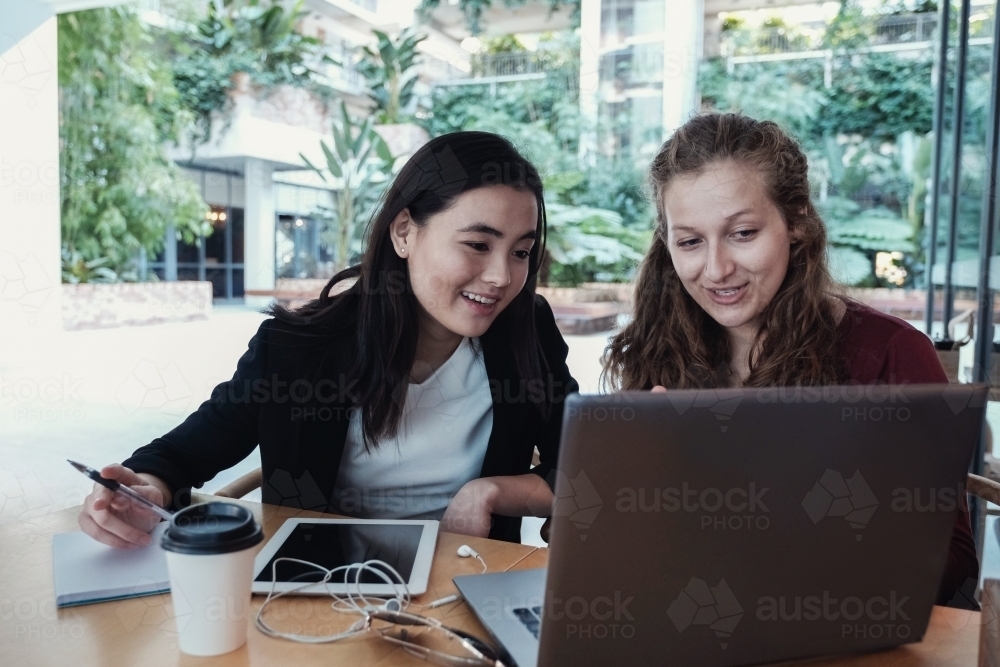 Young business women having casual meeting at coffee shop - Australian Stock Image
