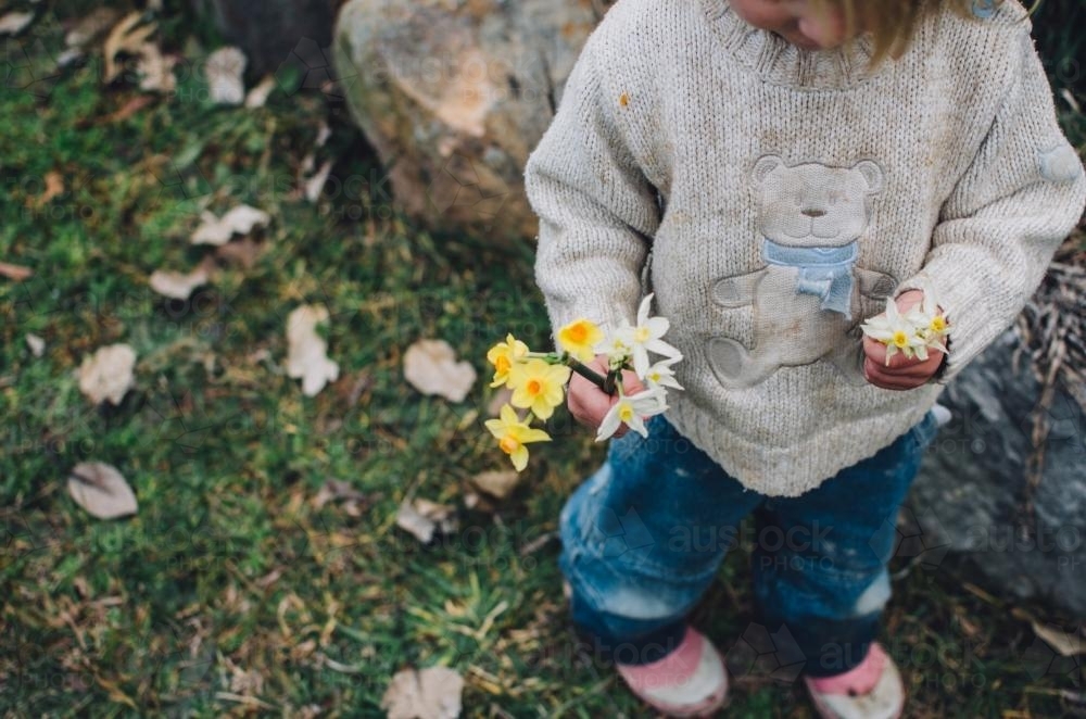 Young child holding flowers - Australian Stock Image