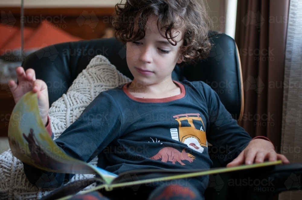 Young child reading picture book at home - Australian Stock Image