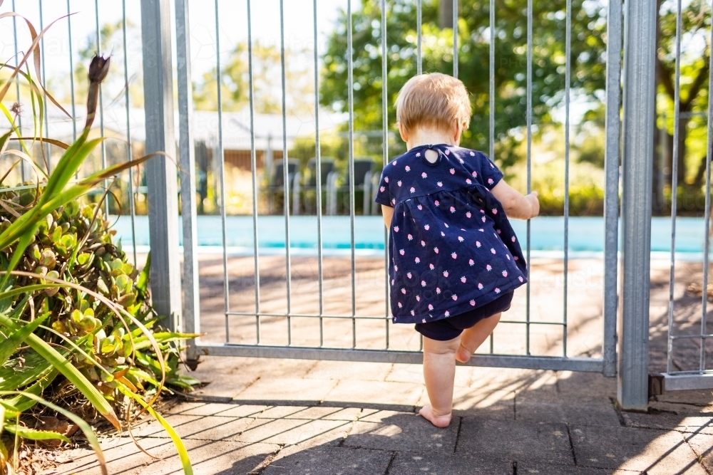 Young child standing at self closing pool gate safe behind fence - Australian Stock Image