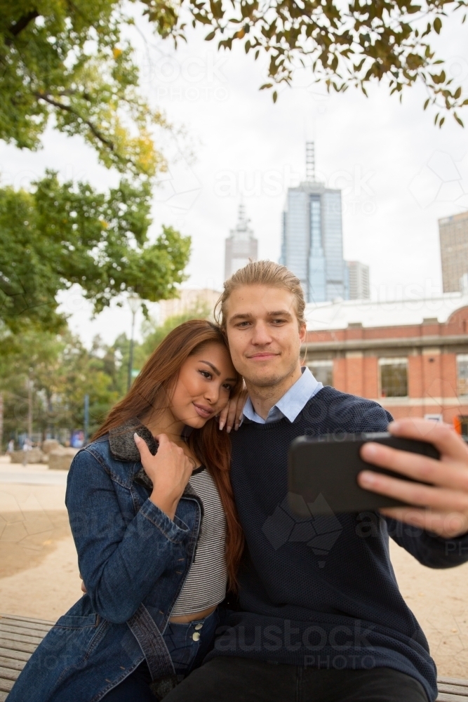 Young Couple Selfie Melbourne City - Australian Stock Image