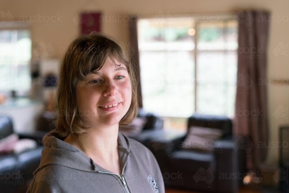 Young Disabled Woman Indoors - Australian Stock Image