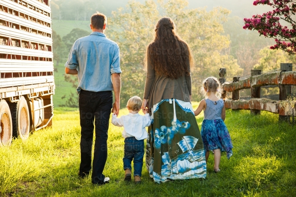 Young family walking away through paddock holding hands - Australian Stock Image