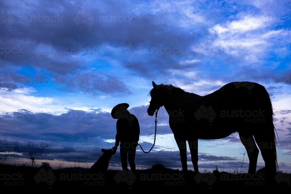Young female country person reaching out to dog in rural farm paddock silhouette with horse - Australian Stock Image