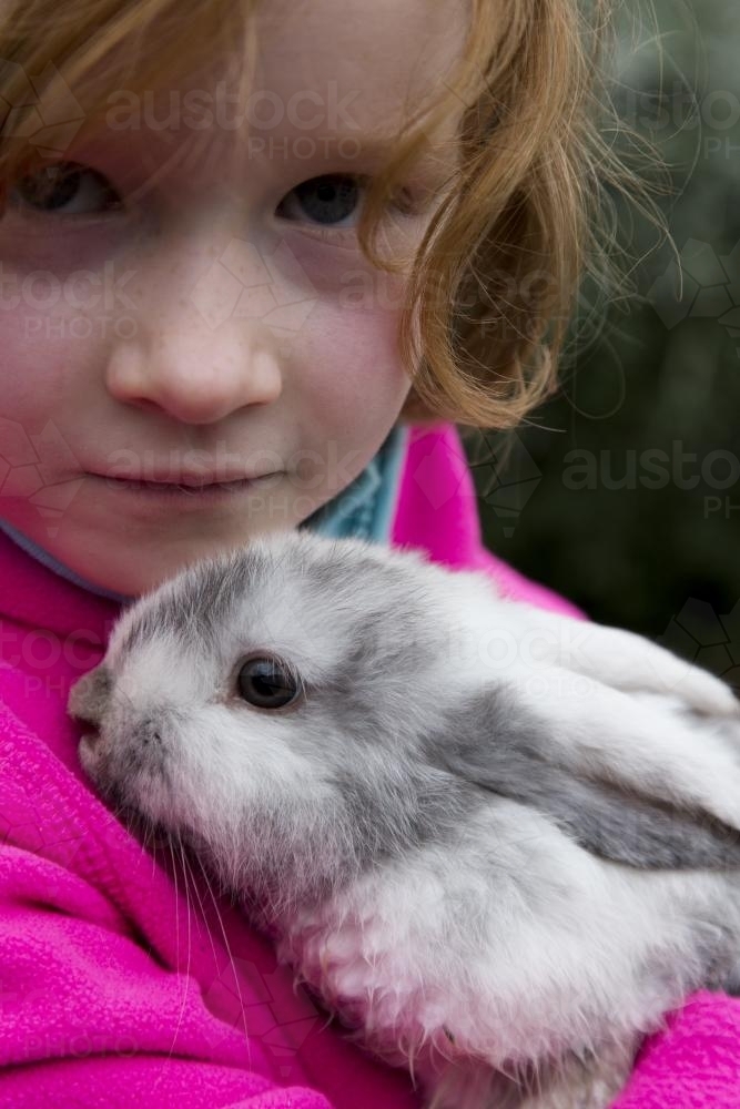 Young girl cuddling a grey and white mini lop rabbit - Australian Stock Image