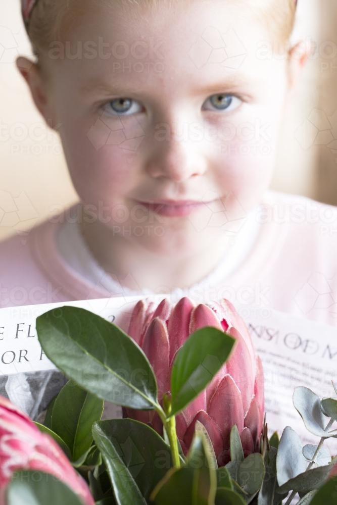 Young girl holding a bunch of pink protea flowers and  native gum leaves - Australian Stock Image