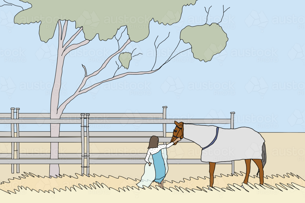 Young girl in blue dress trying to lead her horse in paddock near yards - Australian Stock Image