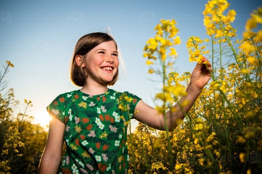 Young girl in canola crop - Australian Stock Image