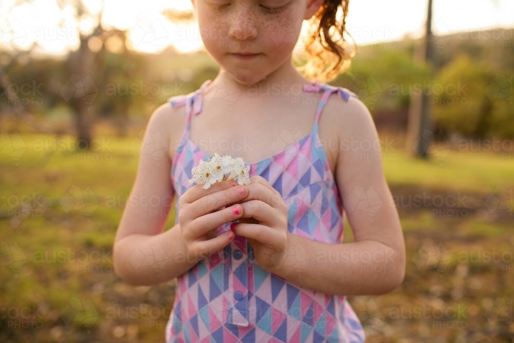 Young girl looking down at some flowers - Australian Stock Image
