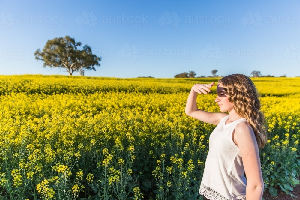 Young girl shielding face from sun looking out at canola farm field - Australian Stock Image