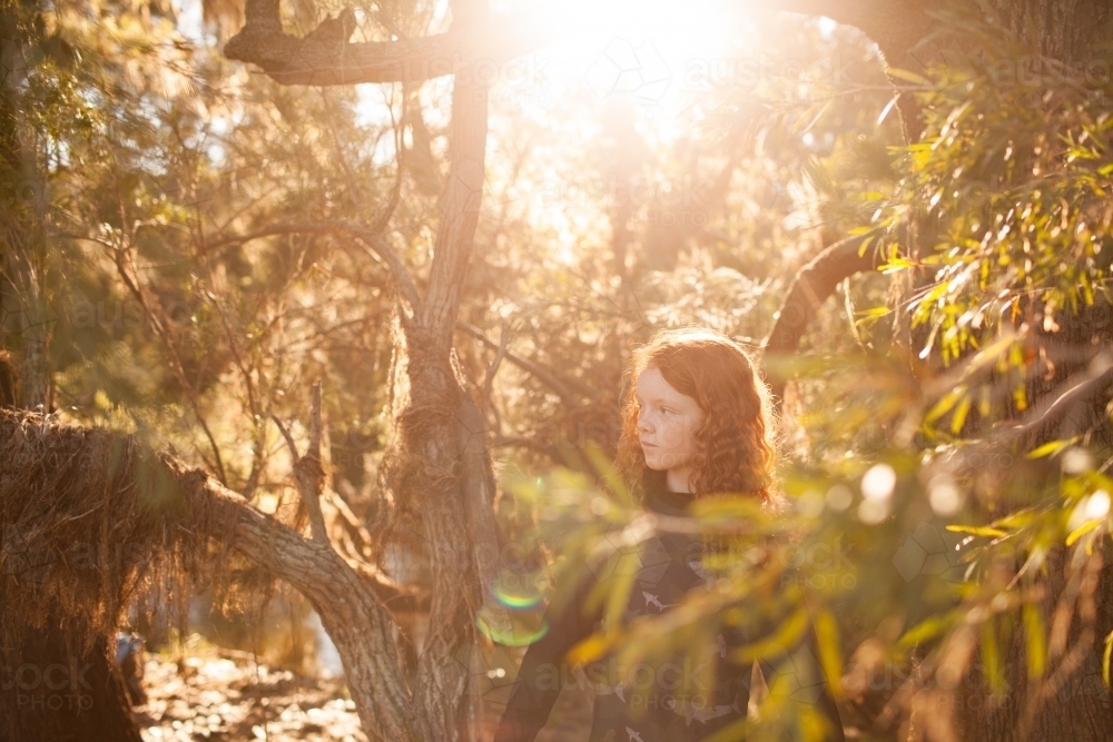 Young girl standing among trees in afternoon light - Australian Stock Image