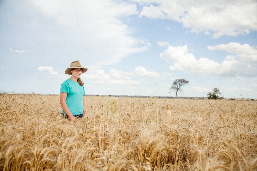 Young girl standing in paddock of bearded wheat crop on a farm - Australian Stock Image