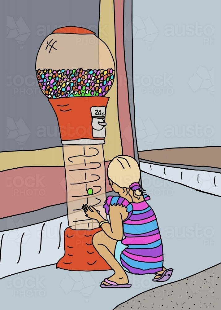 Young girl wearing pink, purple and blue clothes squatting down at gumball machine on footpath - Australian Stock Image