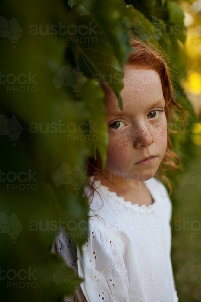 Young girl with a serious expression, leaning against a bush - Australian Stock Image