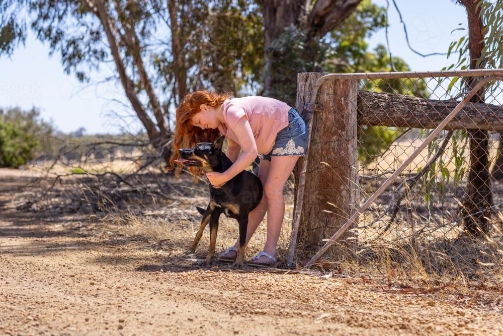 young girl with red hair wearing shorts bending down to pat a dog - Australian Stock Image