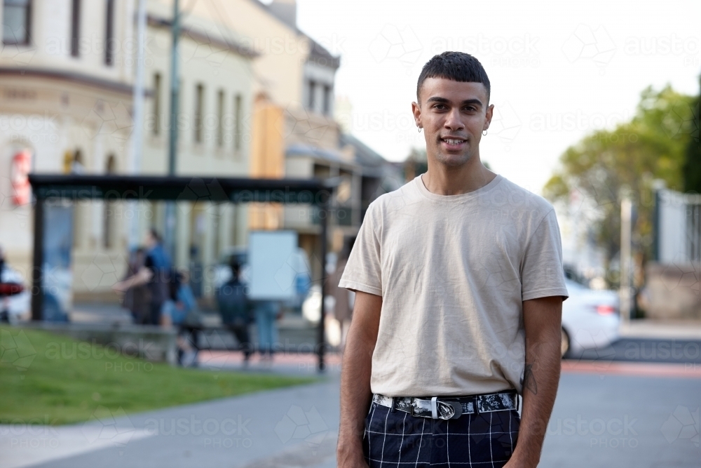 Young Indigenous Australian man enjoying time outdoors - Australian Stock Image