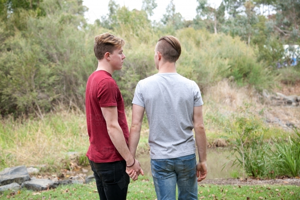 Young male same sex couple holding hands in a rural setting - Australian Stock Image