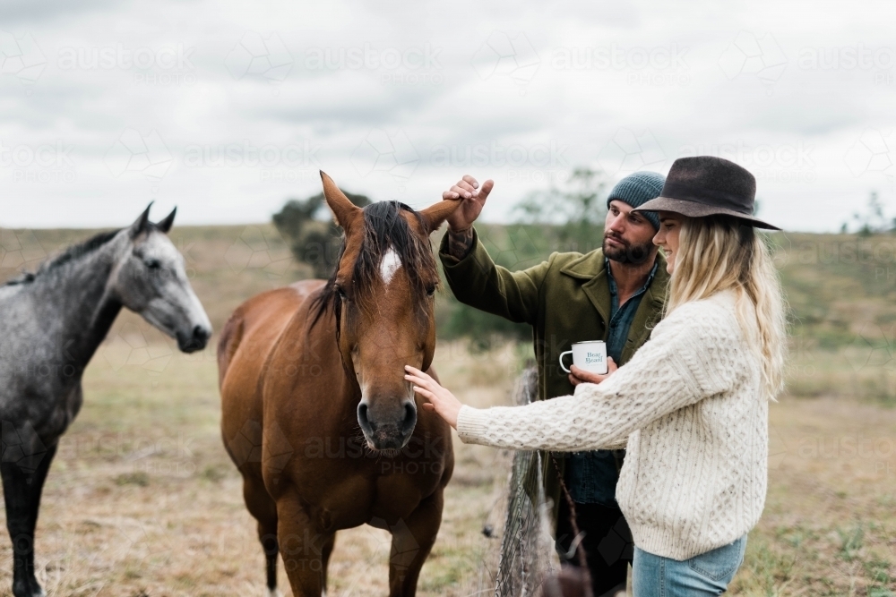 Young man and woman in paddock with horses - Australian Stock Image