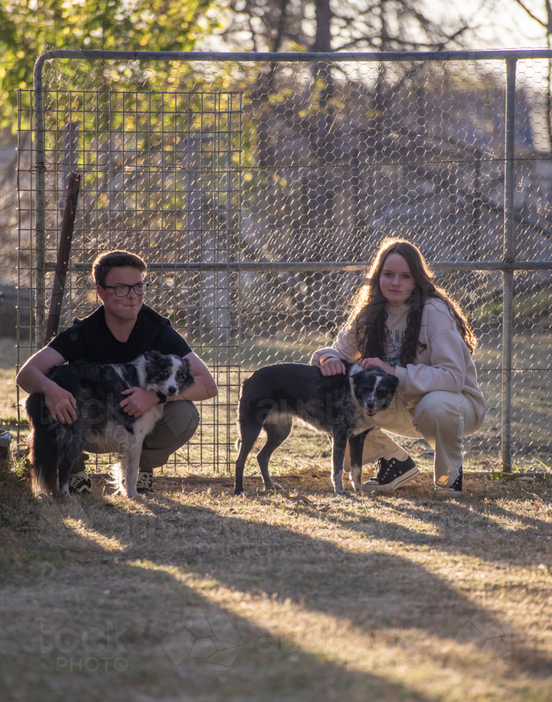 Young man and woman with two dogs against a fence - Australian Stock Image