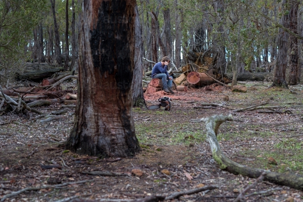 Young man sitting on log in the bush after cutting wood - Australian Stock Image