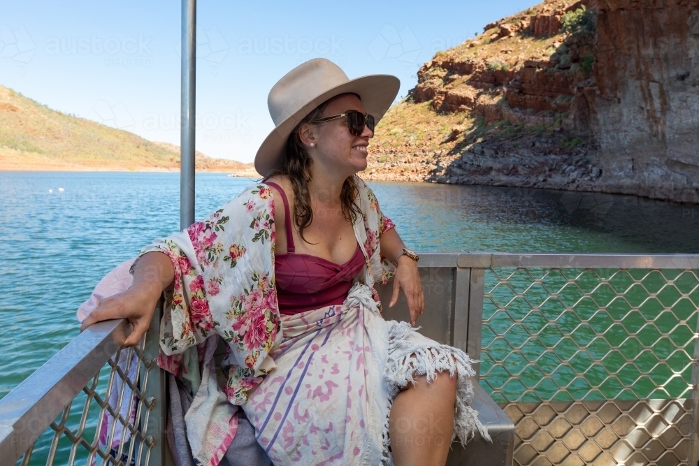 young woman enjoying an afternoon on Lake Argyle - Australian Stock Image