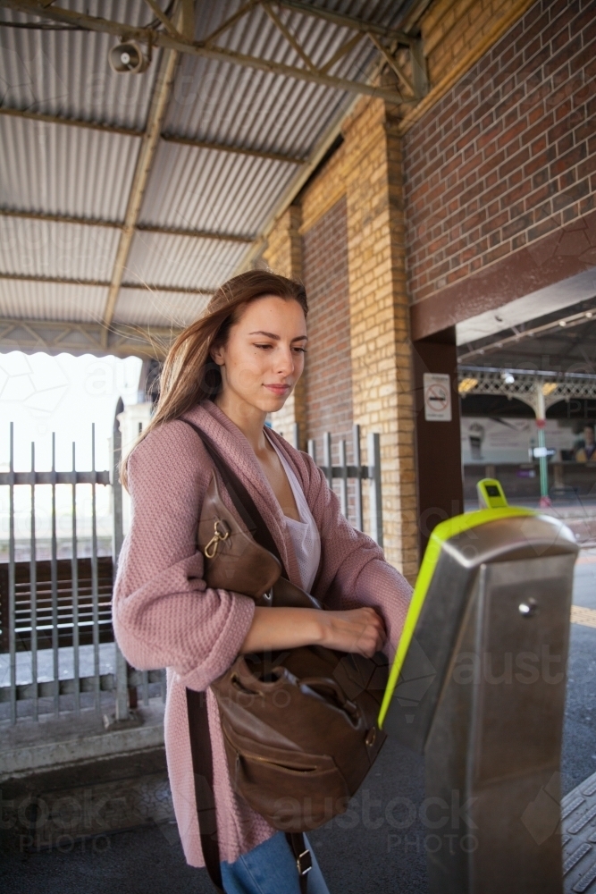 Young Woman Entering Railway Station - Australian Stock Image
