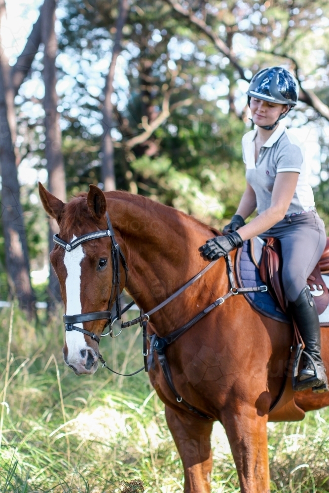 Young woman horse riding in park - Australian Stock Image
